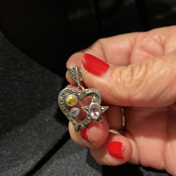 Vintage marcasite heart and stars with gemstones, drop earrings - Picture 6 of 9